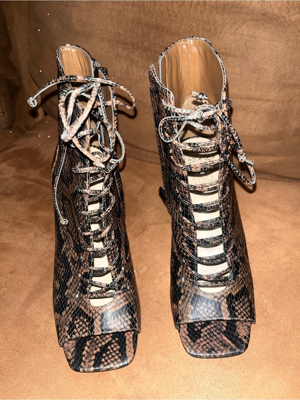 Vince Camuto Brown Snake-Print Lace-Up Peep-Toe Ankle Boots